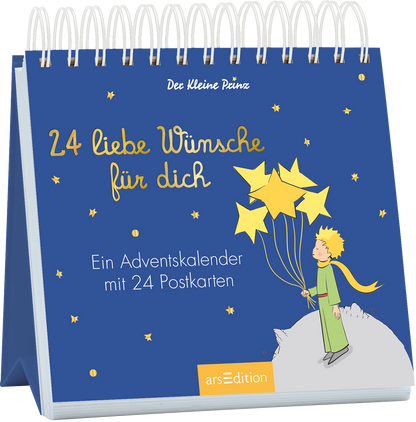Auf dem Buchcover befindet sich ein tiefblauer Hintergrund mit kleinen, goldenen Sternen. In der Mitte steht ein Junge in einem grünen Gewand, der helle Sterne in den Händen hält. Über ihm prangt der Titel „24 liebe Wünsche für dich“ in geschwungener, goldener Schrift. Darunter steht der Untertitel „Ein Adventskalender mit 24 Postkarten“ in schlichterer Schrift. Ganz unten mittig steht der Logoschriftzug von arsEdition.