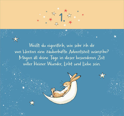 Gezeigt wird eine Innenansicht von „Postkarten-Adventskalender. Weißt du eigentlich, wie lieb ich dich hab? Weihnachtswünsche für dich“. Der Hintergrund ist in einem sanften Blau gehalten, das mit kleinen, weißen Sternen geschmückt ist. Die Schrift ist verspielt und in einer gut lesbaren, handschriftlichen Typografie gehalten, die den Text „Weißt du eigentlich, wie sehr ich dir von Herzen eine zauberhafte Adventszeit wünsche?“ beinhaltet. Eine niedliche Illustration eines...