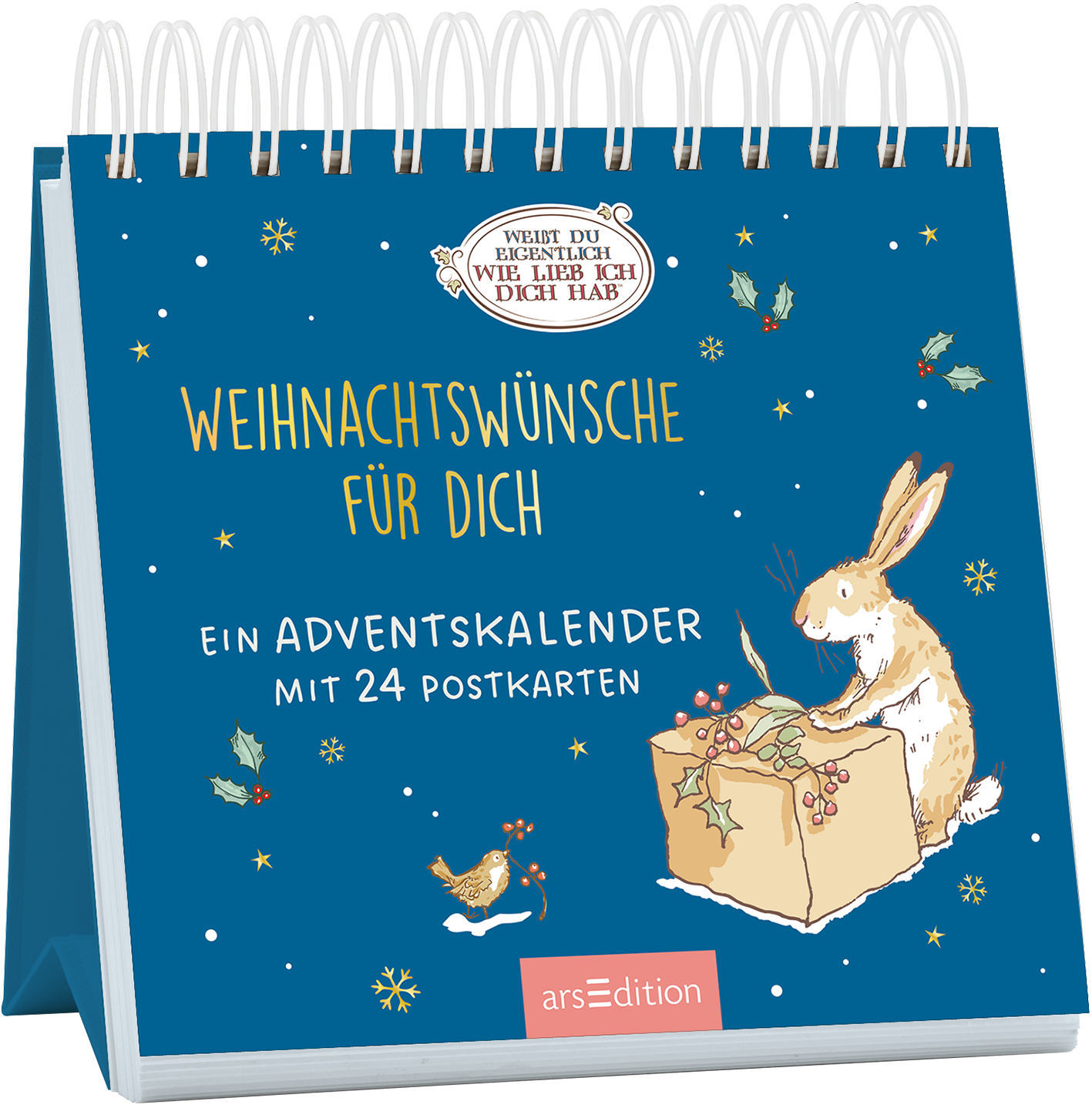 Ein dunkelblauer Hintergrund ziert das Cover, auf dem ein lächelnder Hase zu sehen ist, der eine Geschenkpackung mit dekorativen Weihnachtszweigen vorbereitet. Darüber steht in goldener Schrift „Weihnachtswünsche für dich“. An der oberen Kante befindet sich ein Schriftzug in einem verschnörkelten Rahmen: „Weißt du eigentlich wie lieb ich dich hab“. Das Cover vermittelt eine festliche und warme Atmosphäre. Ganz unten mittig steht der Logoschriftzug von arsEdition.