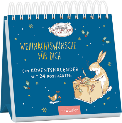 Ein dunkelblauer Hintergrund ziert das Cover, auf dem ein lächelnder Hase zu sehen ist, der eine Geschenkpackung mit dekorativen Weihnachtszweigen vorbereitet. Darüber steht in goldener Schrift „Weihnachtswünsche für dich“. An der oberen Kante befindet sich ein Schriftzug in einem verschnörkelten Rahmen: „Weißt du eigentlich wie lieb ich dich hab“. Das Cover vermittelt eine festliche und warme Atmosphäre. Ganz unten mittig steht der Logoschriftzug von arsEdition.