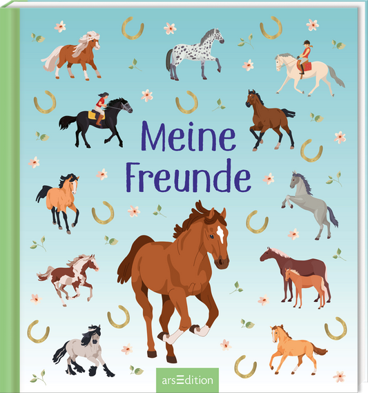 Das Cover zeigt eine sanfte, hellblaue Hintergrundfarbe, auf der verschiedene stilisierte Pferde und Reiter verteilt sind. Der Titel „Meine Freunde“ ist in einer großen, dunkelblauen Schrift mittig platziert. Um die Pferde sind kleine Blumen und Hufeisen als weitere dekorative Elemente angeordnet. Ganz unten mittig steht der Logoschriftzug von arsEdition.