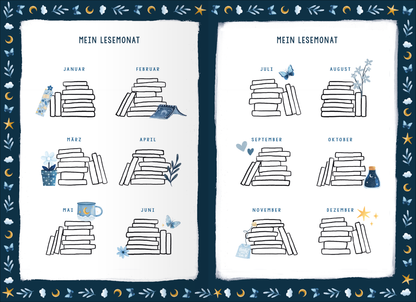 Gezeigt wird eine Innen- oder Zusatzansicht von „Books are my Happy Place“. Die Seite zeigt eine Übersicht mit zwölf Kästen, die jeweils einen Monat des Lesejahres darstellen. Jeder Kasten enthält stilisierte Buchstapel, ergänzt durch kleine, illustrierte Elemente wie Blumen, Tassen und Schmetterlinge. Die Farbgestaltung ist überwiegend in sanften Blau- und Grüntönen gehalten, während die Schrift in klarer, verspielter Typografie gestaltet ist. Am Rand befinden sich dekorative...