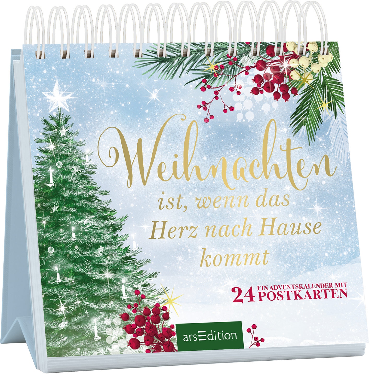 Das Buchcover zeigt eine winterliche Landschaft mit schneebedecktem Hintergrund, in dem sich grüne Tannenbäume und rote Beerenzweige harmonisch zusammenfügen. In eleganten, goldenen Buchstaben steht der Titel „Weihnachten ist, wenn das Herz nach Hause kommt“ prominent im Vordergrund. Unten links befindet sich der Text „Ein Adventskalender mit 24 POSTKARTEN“ in einer klaren Schrift. Die Atmosphäre ist festlich und einladend. Ganz unten mittig steht der Logoschriftzug von arsEdition.