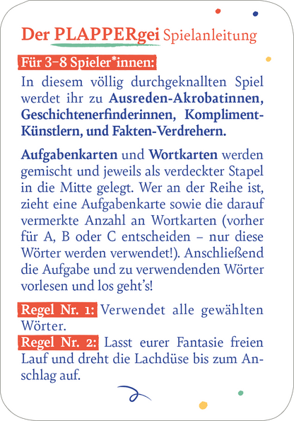 Gezeigt wird eine Innen- oder Zusatzansicht von „Der Plappergei“. Die Spielanleitung ist in ansprechenden, bunten Farben gehalten, hauptsächlich in Blau, Orange und Rot. Die Kopfzeile betont den Produkttitel in großem, fett gedrucktem Text. Wichtige Hinweise sind klar strukturiert, mit hervorgehobenen Überschriften in kräftiger Schrift. Die Regelüberschriften sind nummeriert und aufgelockert durch spielerische Typografie, die die Dynamik des Spiels vermittelt. Der Text ist gut lesbar...