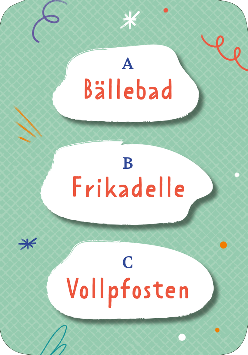 Gezeigt wird eine Innen- oder Zusatzansicht von „Der Plappergei“. Der Hintergrund ist in einem sanften Mintgrün gehalten, mit einem strukturierten Muster. Drei weiße Sprechblasen zeigen die Begriffe „Bällebad“, „Frikadelle“ und „Vollpfosten“ in einer verspielten, roten Schriftart. Farbige, dynamische Linien und Punkte in Blau, Orange und Weiß ergänzen das Gesamtbild und sorgen für eine lebendige, ansprechende Gestaltung.