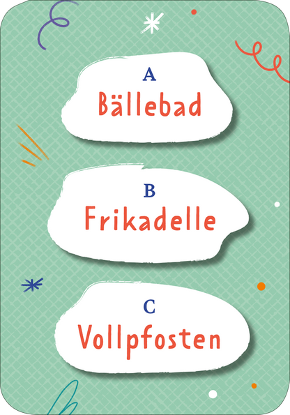 Gezeigt wird eine Innen- oder Zusatzansicht von „Der Plappergei“. Der Hintergrund ist in einem sanften Mintgrün gehalten, mit einem strukturierten Muster. Drei weiße Sprechblasen zeigen die Begriffe „Bällebad“, „Frikadelle“ und „Vollpfosten“ in einer verspielten, roten Schriftart. Farbige, dynamische Linien und Punkte in Blau, Orange und Weiß ergänzen das Gesamtbild und sorgen für eine lebendige, ansprechende Gestaltung.
