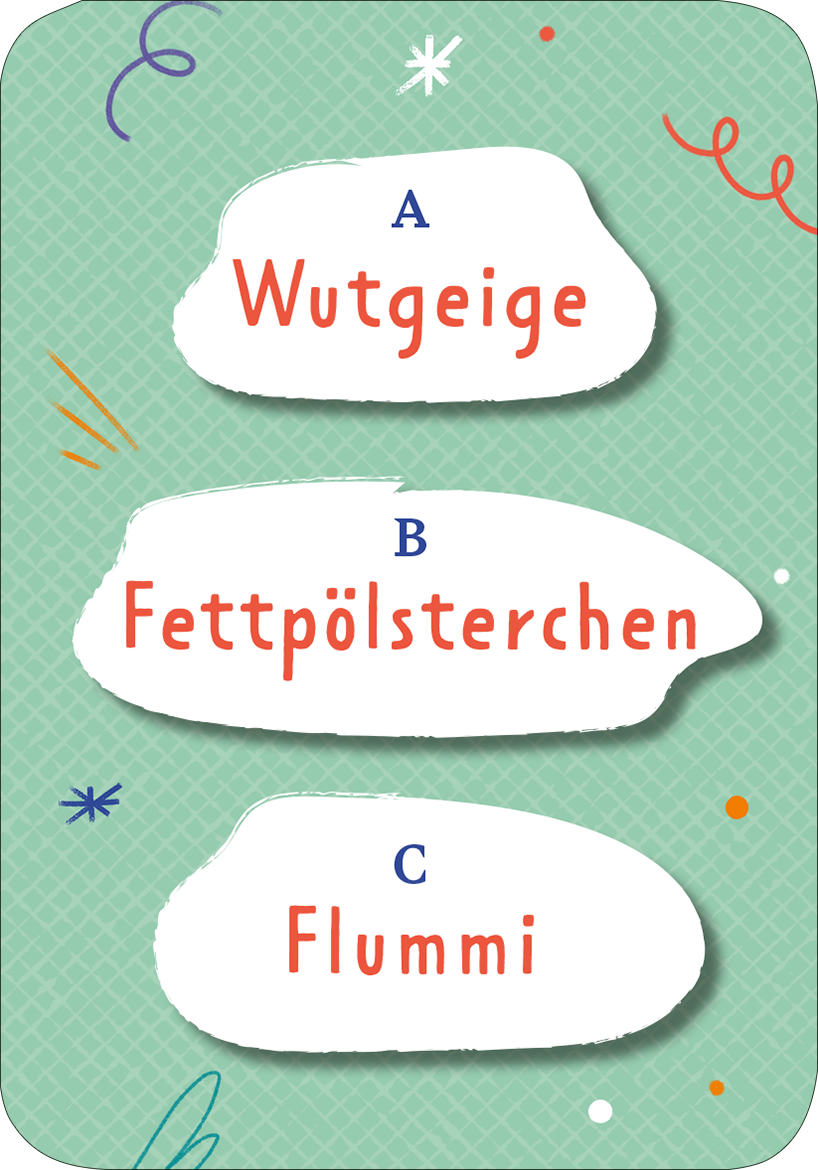 Gezeigt wird eine Innen- oder Zusatzansicht von „Der Plappergei“. Die Darstellung zeigt eine mintgrüne Hintergrundfarbe mit einem spielerischen Muster. Drei weiße, wolkige Gesprächskarten sind angeordnet, auf denen die Begriffe „Wutgeige“, „Fettpölsterchen“ und „Flummi“ in lebendiger, roter Schrift zu lesen sind. Bunte, verspielte Akzente in Orange und Blau ergänzen das Layout und verleihen dem Design eine freundliche, einladende Ausstrahlung.