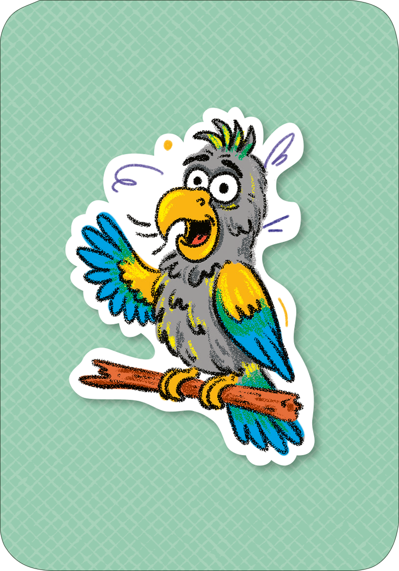 Gezeigt wird eine Innen- oder Zusatzansicht von „Der Plappergei“. Die Illustration zeigt einen fröhlichen Papagei auf einem Ast, mit einem lebhaften gelben Schnabel und großen, ausdrucksvollen Augen. Die Federfarbe ist überwiegend grau mit auffälligen blauen und gelben Akzenten. Der Hintergrund ist in einem sanften Mintgrün gehalten, und der Papagei wirkt energetisch, als ob er gerade spricht oder singt. Die gesamte Komposition strahlt Freundlichkeit und Lebensfreude aus.