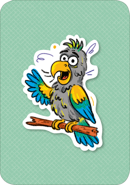 Gezeigt wird eine Innen- oder Zusatzansicht von „Der Plappergei“. Die Illustration zeigt einen fröhlichen Papagei auf einem Ast, mit einem lebhaften gelben Schnabel und großen, ausdrucksvollen Augen. Die Federfarbe ist überwiegend grau mit auffälligen blauen und gelben Akzenten. Der Hintergrund ist in einem sanften Mintgrün gehalten, und der Papagei wirkt energetisch, als ob er gerade spricht oder singt. Die gesamte Komposition strahlt Freundlichkeit und Lebensfreude aus.