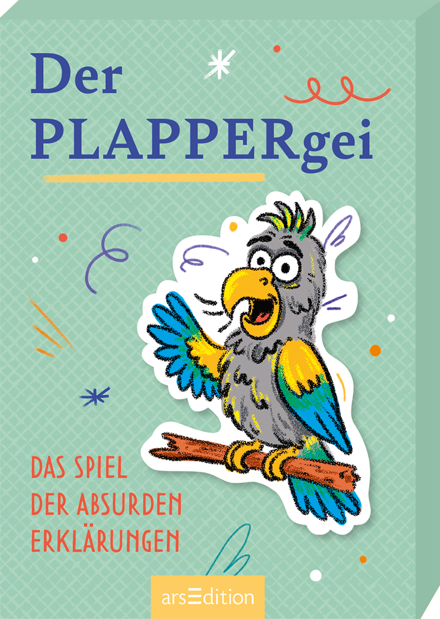 Das Buchcover zeigt einen bunten, cartoonhaften Papagei, der fröhlich auf einem Ast sitzt. Der Hintergrund ist in einem sanften Hellgrün gehalten, während der Titel „Der PLAPPERgei“ in einer großen, blau gefärbten Schrift oben platziert ist. Darunter steht in kleinerer Schrift „DAS SPIEL DER ABSURDEN ERKLÄRUNGEN“ in Weiß. Über das Cover verteilt sind farbige, abstrakte Gestaltungselemente in Orange, Blau und Gelb, die eine heitere Atmosphäre schaffen. Ganz unten mittig steht...