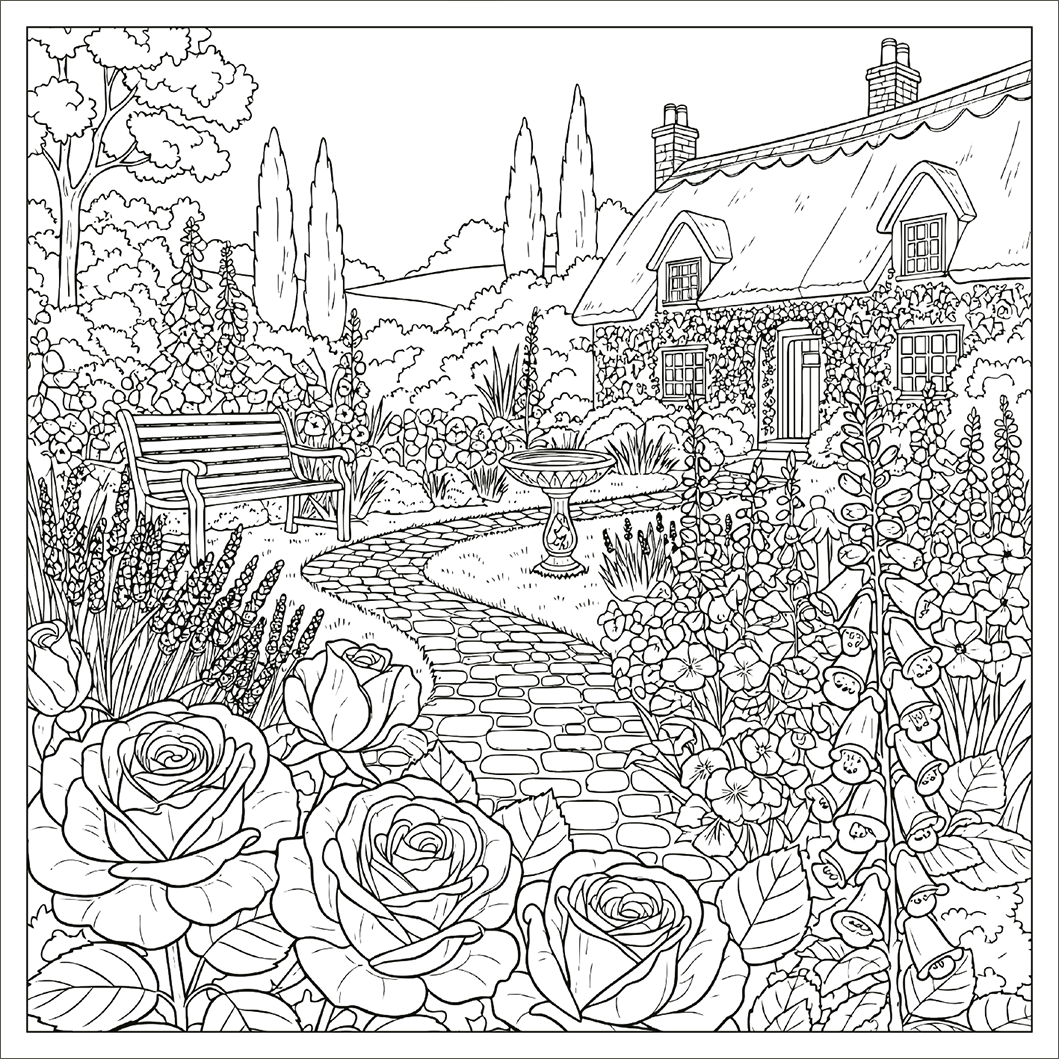 Gezeigt wird eine Innen- oder Zusatzansicht von „Tea Time &amp; Big Ben“. Die Darstellung zeigt einen malerischen Garten mit einem gepflasterten Weg, der zu einem gemütlichen Haus führt. Im Vordergrund blühen üppige Rosen in verschiedenen Größen. Auf der linken Seite steht eine Holzbank, während in der Mitte ein elegantes Vogelbad steht. Die Farbgestaltung ist in sanften, natürlichen Tönen gehalten, und die Typografie könnte romantisch und einladend gestaltet sein.