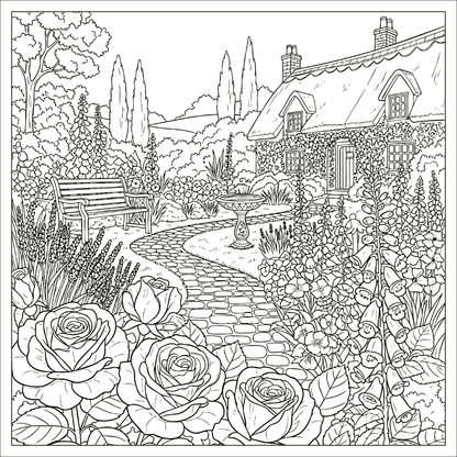 Gezeigt wird eine Innen- oder Zusatzansicht von „Tea Time &amp; Big Ben“. Die Darstellung zeigt einen malerischen Garten mit einem gepflasterten Weg, der zu einem gemütlichen Haus führt. Im Vordergrund blühen üppige Rosen in verschiedenen Größen. Auf der linken Seite steht eine Holzbank, während in der Mitte ein elegantes Vogelbad steht. Die Farbgestaltung ist in sanften, natürlichen Tönen gehalten, und die Typografie könnte romantisch und einladend gestaltet sein.