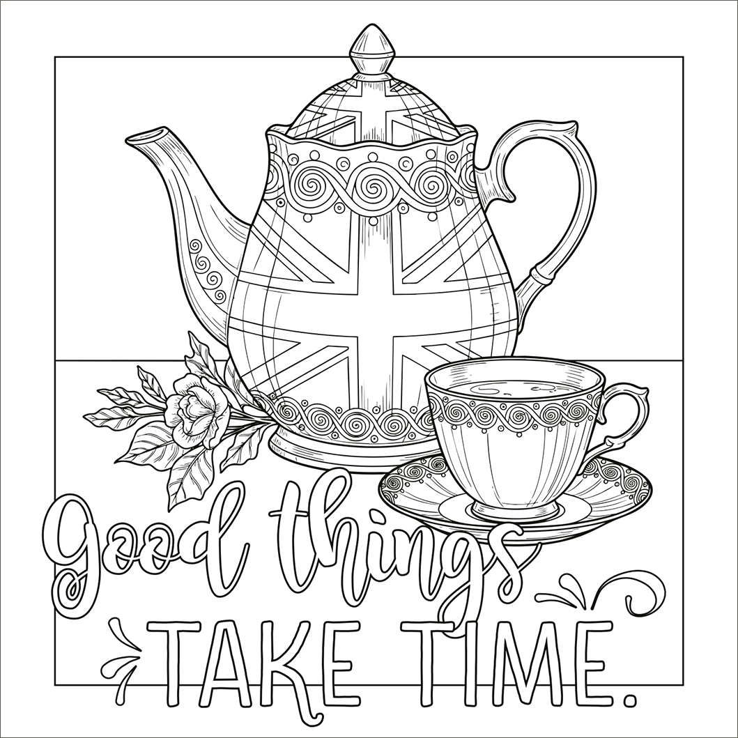 Gezeigt wird eine Innen- oder Zusatzansicht von „Tea Time &amp; Big Ben“. Die Illustration zeigt eine teekannenförmige Grafik mit dem britischen Union Jack, umgeben von filigranen Verzierungen. Ein elegantes Teegeschirr, bestehend aus einer Tasse und einer Untertasse, harmoniert mit einer stilisierten Blume im Vordergrund. Der Schriftzug „Good things take time“ bildet den unteren Bildbereich und ist in einer verspielten, handgeschriebenen Typografie gestaltet, die durch geschwungene...