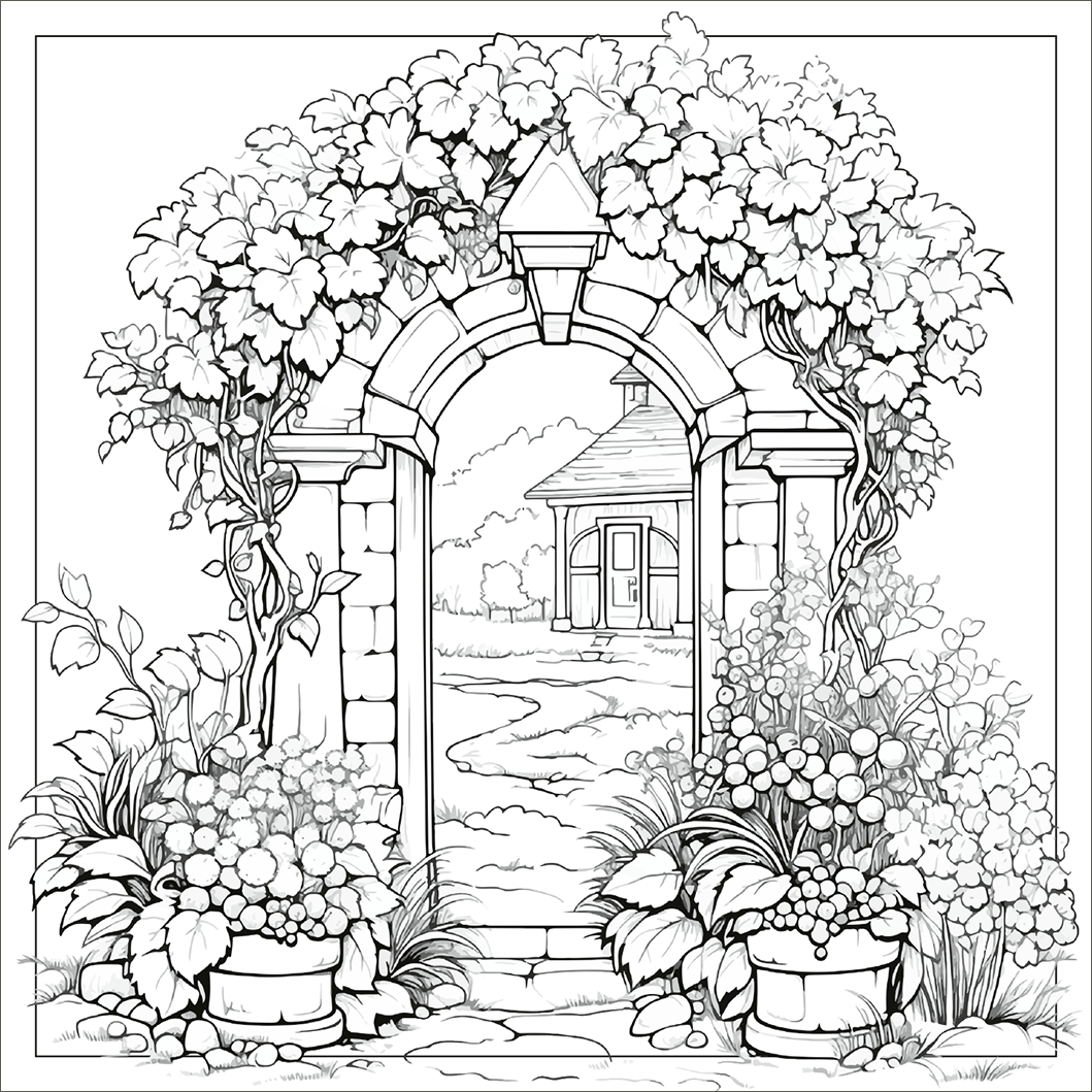 Gezeigt wird eine Innen- oder Zusatzansicht von „Tea Time &amp; Big Ben“. Die Darstellung zeigt einen einladenden Gartenbereich mit einem offenen Bogen, umrahmt von üppigem, grünem Laub und blühenden Pflanzen in Töpfen. Im Hintergrund ist ein gehäuftes, ländliches Haus sichtbar, umgeben von einer sanften, gewundenen Wegführung. Die Typografie ist elegant und harmonisch, passend zur gemütlichen Stimmung des Bildes.