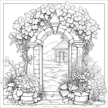 Gezeigt wird eine Innen- oder Zusatzansicht von „Tea Time &amp; Big Ben“. Die Darstellung zeigt einen einladenden Gartenbereich mit einem offenen Bogen, umrahmt von üppigem, grünem Laub und blühenden Pflanzen in Töpfen. Im Hintergrund ist ein gehäuftes, ländliches Haus sichtbar, umgeben von einer sanften, gewundenen Wegführung. Die Typografie ist elegant und harmonisch, passend zur gemütlichen Stimmung des Bildes.