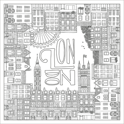 Gezeigt wird eine Innen- oder Zusatzansicht von „Tea Time &amp; Big Ben“. Die Zeichnung präsentiert eine stilisierte Ansicht von London, umrahmt von detaillierten Gebäuden und ikonischen Elementen wie dem Big Ben. Die Farben sind in den zahlreichen verschiedenen Schattierungen von Schwarz, Weiß und Grau gehalten, was der Komposition ein elegantes und zeitloses Aussehen verleiht. DieTypography fokussiert sich auf den zentralen Schriftzug „LON DON“ in verspielten, geschwungenen...