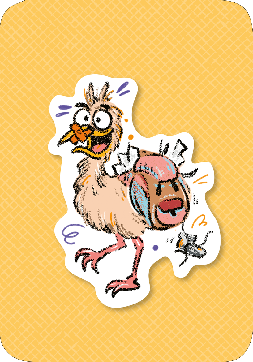 Gezeigt wird eine Innen- oder Zusatzansicht von „Der Problemu“. Auf einem leuchtend gelben Hintergrund befindet sich eine lebendige, cartoonhafte Darstellung eines Huhns mit einem fröhlichen Gesichtsausdruck. Das Huhn trägt einen bunten Rucksack, aus dem Papierflieger herausgucken. Die Umrisse sind unregelmäßig und die Farben sind kräftig, einschließlich Rosa, Blau und Lila. Die verspielte Typografie betont die dynamische und humorvolle Atmosphäre der Illustration.