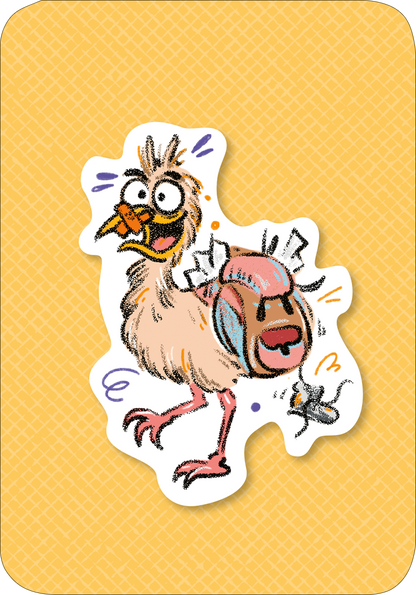 Gezeigt wird eine Innen- oder Zusatzansicht von „Der Problemu“. Auf einem leuchtend gelben Hintergrund befindet sich eine lebendige, cartoonhafte Darstellung eines Huhns mit einem fröhlichen Gesichtsausdruck. Das Huhn trägt einen bunten Rucksack, aus dem Papierflieger herausgucken. Die Umrisse sind unregelmäßig und die Farben sind kräftig, einschließlich Rosa, Blau und Lila. Die verspielte Typografie betont die dynamische und humorvolle Atmosphäre der Illustration.