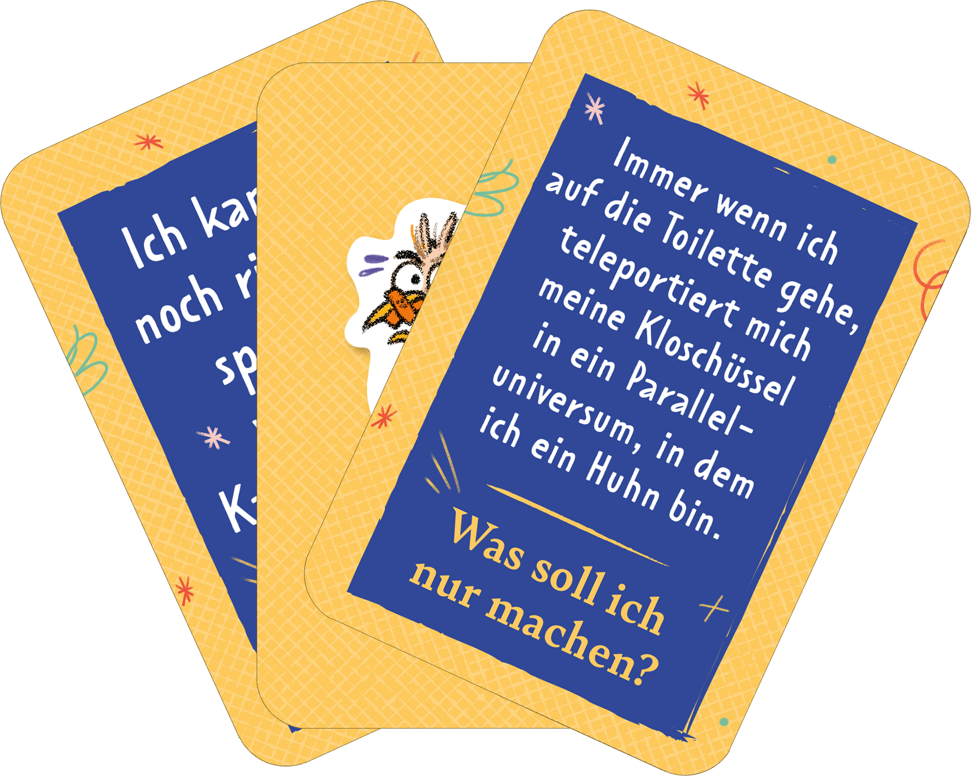 Gezeigt wird eine Innenansicht von „Der Problemu“. Die Karten haben einen gelben Hintergrund mit bunten, verspielten Elementen. Auf einer Karte steht in blauer Schrift der Text „Immer wenn ich auf die Toilette gehe, teleportiert mich meine Kloschüssel in ein Paralleluniversum, in dem ich ein Huhn bin.“ Ein Huhn-Illustration ist abgebildet. Eine weitere Karte trägt den Text „Ich kann noch nicht sprechen“. Die Typografie ist modern und gut lesbar, die Farben sind freundlich und...