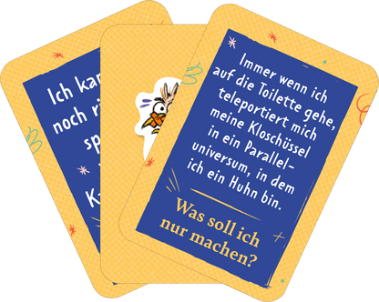 Gezeigt wird eine Innenansicht von „Der Problemu“. Die Karten haben einen gelben Hintergrund mit bunten, verspielten Elementen. Auf einer Karte steht in blauer Schrift der Text „Immer wenn ich auf die Toilette gehe, teleportiert mich meine Kloschüssel in ein Paralleluniversum, in dem ich ein Huhn bin.“ Ein Huhn-Illustration ist abgebildet. Eine weitere Karte trägt den Text „Ich kann noch nicht sprechen“. Die Typografie ist modern und gut lesbar, die Farben sind freundlich und...
