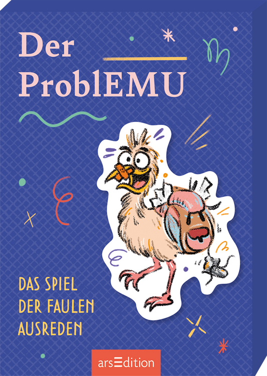 Das Buchcover zeigt eine lebhafte Illustration eines cartoonhaften Emus, der fröhlich mit einem übertriebenen Gesichtsausdruck durch das Bild hüpft. Der Hintergrund ist in einem kräftigen Blau gehalten und mit bunten, spielerischen Akzenten und Linien geschmückt. Der Titel „Der ProbleMU“ steht in großen, hellen Buchstaben oben, während der Untertitel „DAS SPIEL DER FAULEN AUSREDEN“ in kleineren, verspielten Buchstaben darunter erscheint. Ganz unten mittig steht der Logoschriftzug...
