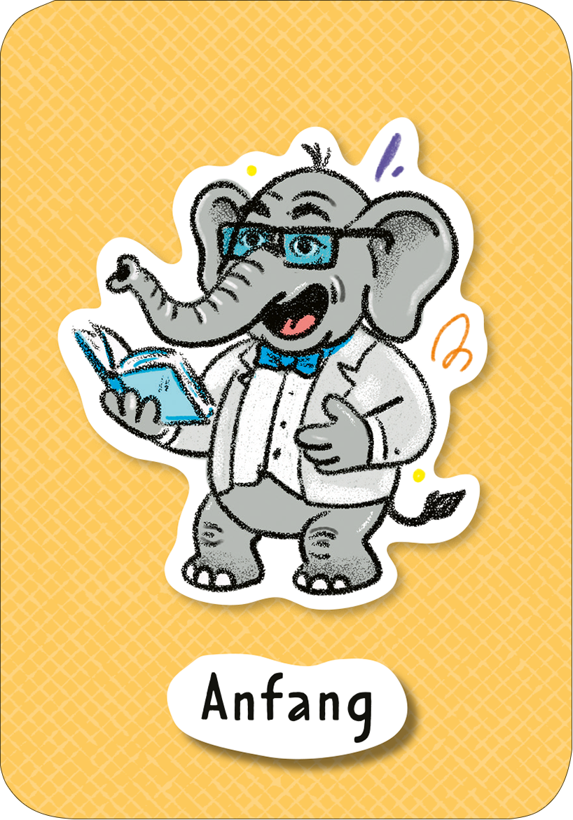 Gezeigt wird eine Innen- oder Zusatzansicht von „Der Erzählefant“. Der Elefant trägt eine weiße Jacke und eine blaue Fliege, während er ein aufgeschlagenes Buch in der Hand hält. Seine großen, runden Brille und die freundliche Miene verleihen ihm eine einladende Ausstrahlung. Der Hintergrund ist in einem warmen Gelbton gehalten, das durch eine schlichte, geometrische Struktur ergänzt wird. Unten steht das Wort „Anfang“ in einer klaren, leserlichen Schrift.