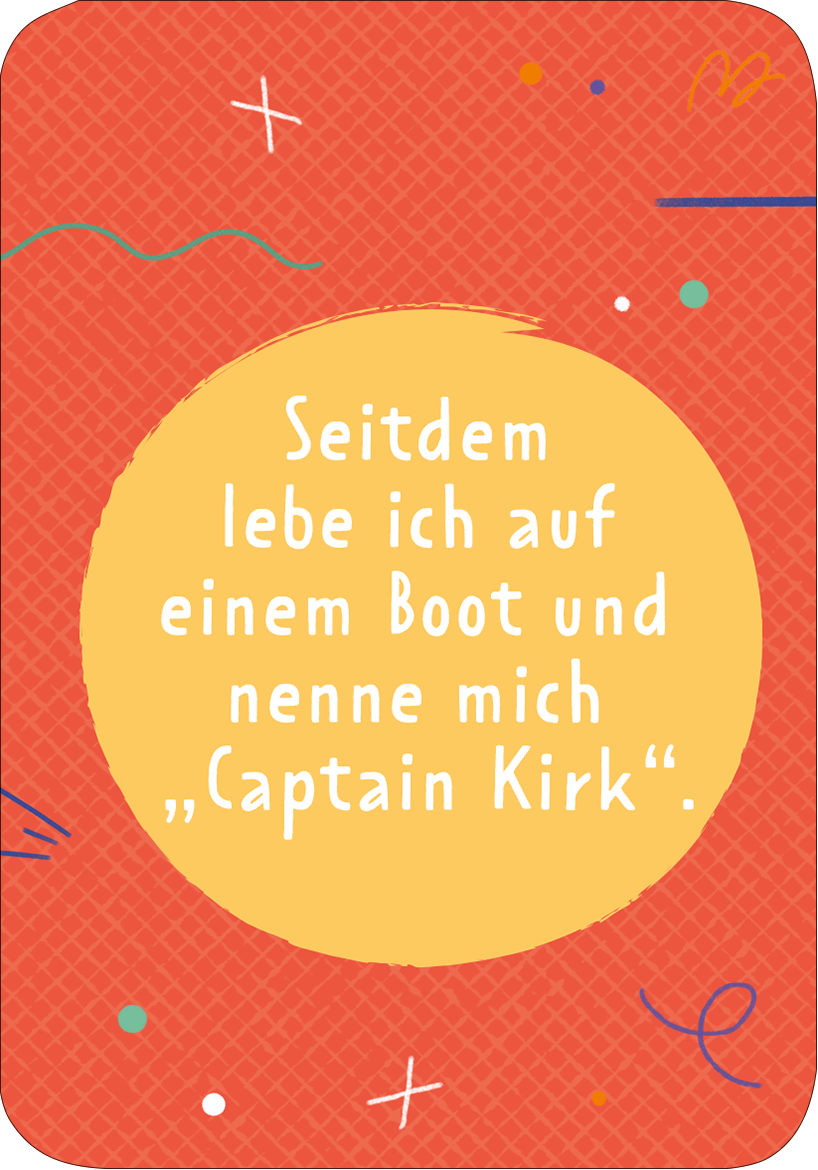 Gezeigt wird eine Innen- oder Zusatzansicht von „Der Erzählefant“. Der Hintergrund ist in leuchtendem Rot gehalten, ergänzt durch ein geometrisches Muster. In der Mitte befindet sich ein großer, gelber Kreis, in dem der Text „Seidern lebe ich auf einem Boot und nenne mich ‚Captain Kirk‘.“ in einer verspielten, weißen Schriftart platziert ist. Farbige, verspielte Elemente wie Linien und Punkte umrahmen den Text und verleihen der Gestaltung eine lebhafte, kinderfreundliche...