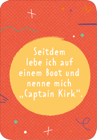 Gezeigt wird eine Innen- oder Zusatzansicht von „Der Erzählefant“. Der Hintergrund ist in leuchtendem Rot gehalten, ergänzt durch ein geometrisches Muster. In der Mitte befindet sich ein großer, gelber Kreis, in dem der Text „Seidern lebe ich auf einem Boot und nenne mich ‚Captain Kirk‘.“ in einer verspielten, weißen Schriftart platziert ist. Farbige, verspielte Elemente wie Linien und Punkte umrahmen den Text und verleihen der Gestaltung eine lebhafte, kinderfreundliche...