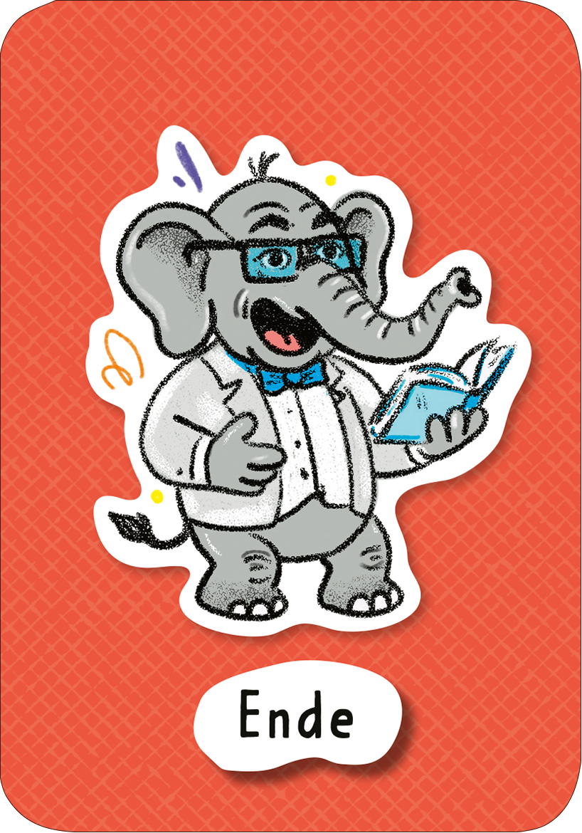 Gezeigt wird eine Innen- oder Zusatzansicht von „Der Erzählefant“. Der Elefant trägt einen weißen Anzug und eine blaue Fliege, während er ein Buch in der Hand hält und fröhlich lächelt. Die Illustration ist lebhaft und farbenfroh, mit roten und gelben Akzenten im Hintergrund. Die Schrift „Ende“ ist deutlich und freundlich in einer abgerundeten, gut lesbaren Typografie gestaltet, die zur kindlichen Ästhetik des Designs passt.