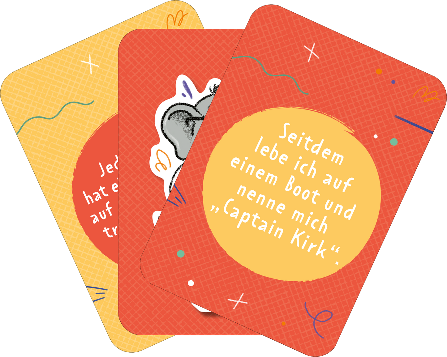 Gezeigt wird eine Innen- oder Zusatzansicht von „Der Erzählefant“. Die Abbildung zeigt drei bunte Karten. Eine Karte ist in leuchtendem Rot mit einem runden, gelben Textfeld, das den Satz „Seitdem lebe ich auf einem Boot und nenne mich ‚Captain Kirk‘“ enthält. Eine andere Karte ist in einem warmen Gelbton mit spielerischen, bunten Zeichnungen. Die letzte Karte zeigt einen grauen Elefantenkopf auf einem rot-gemusterten Hintergrund mit weißer Typografie. Die fröhlichen Farben und...