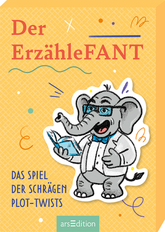 Auf dem Buchcover „Der ErzähleFANT“ ist ein fröhlicher, lächelnder Elefant in einem weißen Jacket abgebildet, der ein Buch hält. Der Hintergrund ist in einem sanften Gelbton mit einem geometrischen Muster gestaltet. Oben steht in auffälliger rot-oranger Schrift der Titel, während darunter der Untertitel „Das Spiel der schrägen Plot-Twists“ in einer schlichteren Schriftart zu lesen ist. Bunte Akzente in Blau und Orange umrahmen das Bild. Ganz unten mittig steht der Logoschriftzug...