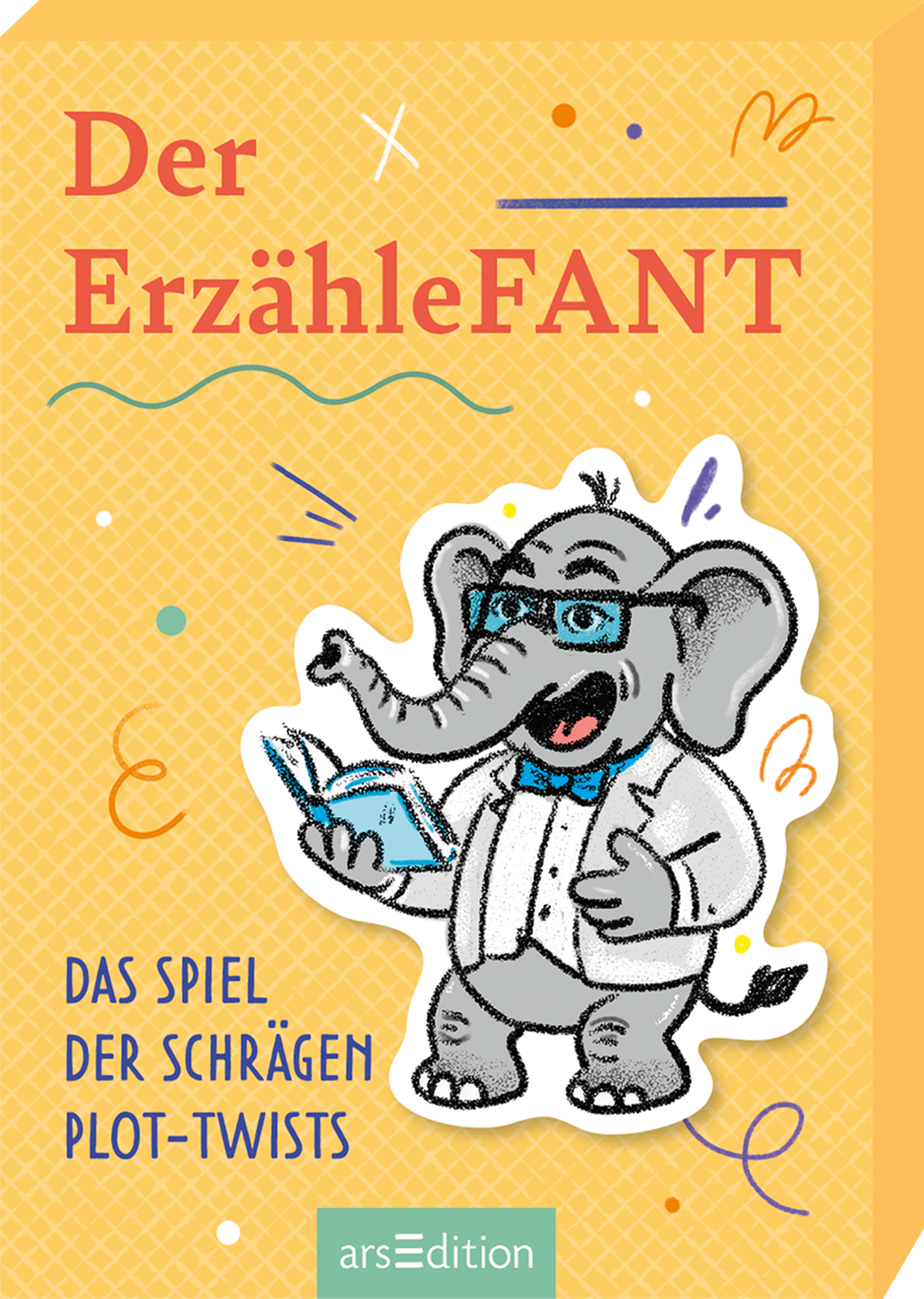 Auf dem Buchcover „Der ErzähleFANT“ ist ein fröhlicher, lächelnder Elefant in einem weißen Jacket abgebildet, der ein Buch hält. Der Hintergrund ist in einem sanften Gelbton mit einem geometrischen Muster gestaltet. Oben steht in auffälliger rot-oranger Schrift der Titel, während darunter der Untertitel „Das Spiel der schrägen Plot-Twists“ in einer schlichteren Schriftart zu lesen ist. Bunte Akzente in Blau und Orange umrahmen das Bild. Ganz unten mittig steht der Logoschriftzug...