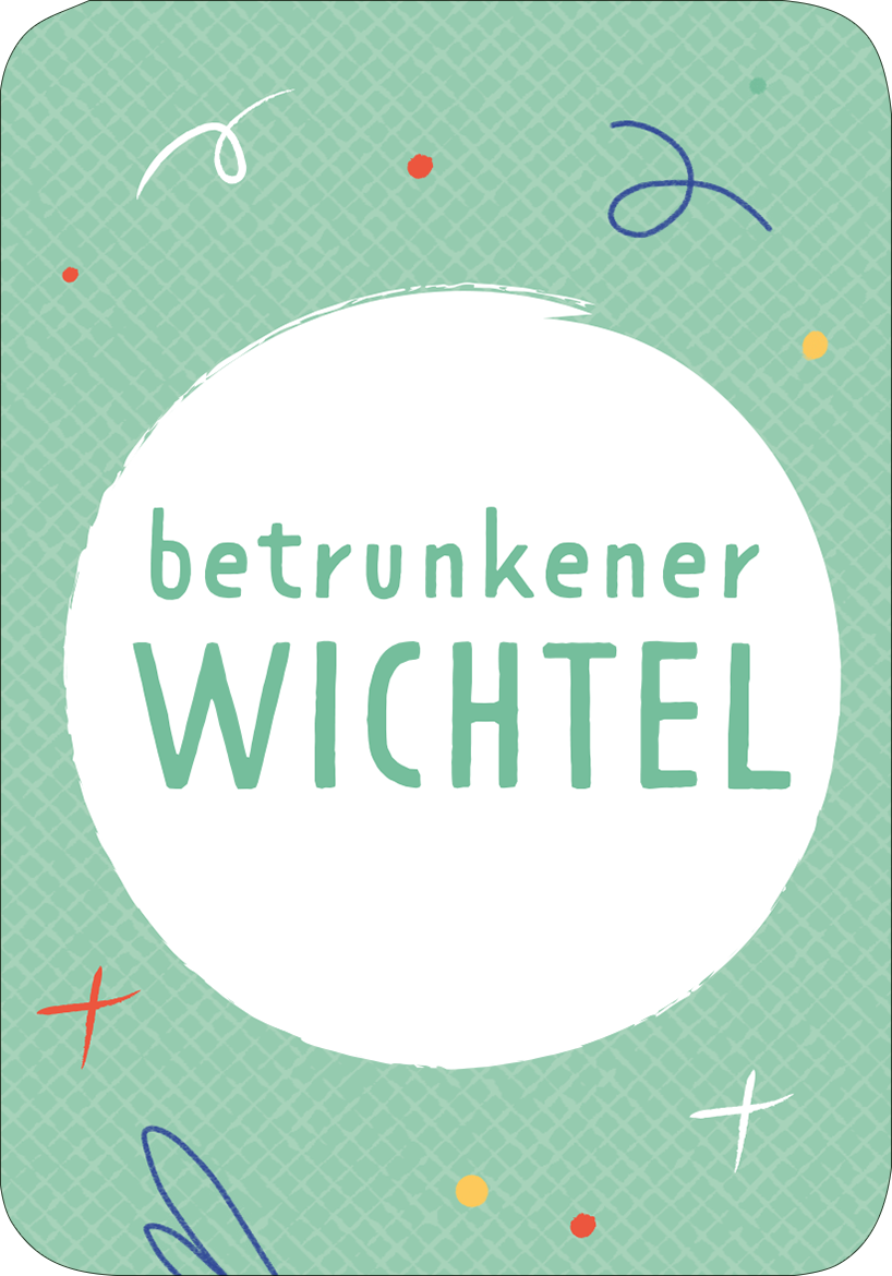 Gezeigt wird eine Innen- oder Zusatzansicht von „Das Drama-Lama“. Der Hintergrund ist mintgrün mit einem feinen Rautenmuster. In der Mitte befindet sich ein großer, weißer Kreis, der den Text „betrunkener WICHTEL“ in einer verspielten, fetten Schriftart zeigt. Der Text ist in einem sanften Grün gehalten. Um den Kreis sind bunte, handgezeichnete Akzente in verschiedenen Farben verteilt, die dem Design eine lebhafte Note verleihen.