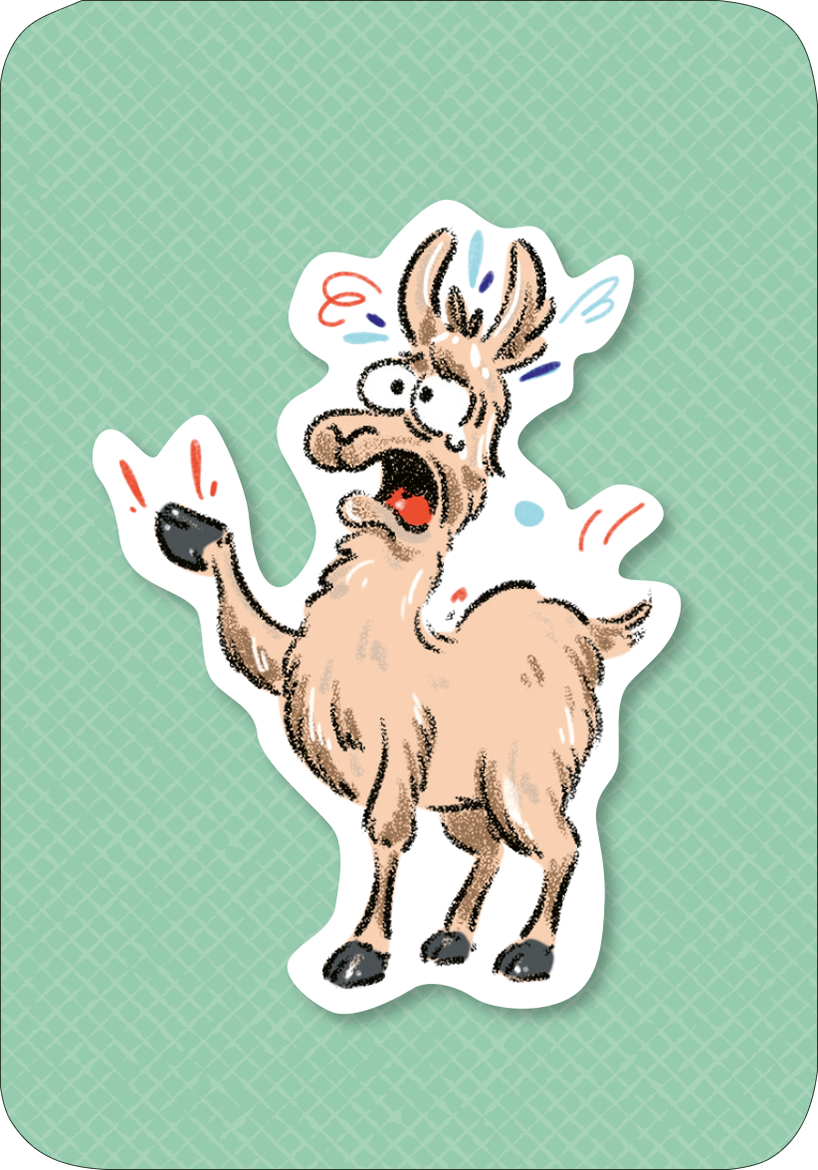 Gezeigt wird eine Innen- oder Zusatzansicht von „Das Drama-Lama“. Das Bild zeigt ein cartoonhaftes Lama mit einem aufgeregten Ausdruck, das mit erhobenen Vorderbeinen und weit aufgerissenen Augen einen dramatischen Eindruck vermittelt. Die Farbe des Lamas ist ein helles Beige, die Hintergrundfarbe ist ein sanftes Mintgrün mit einem dezenten Rautenmuster. Die Illustration ist lebhaft und verspielt, was die Dynamik und das Thema des Spiels unterstreicht.