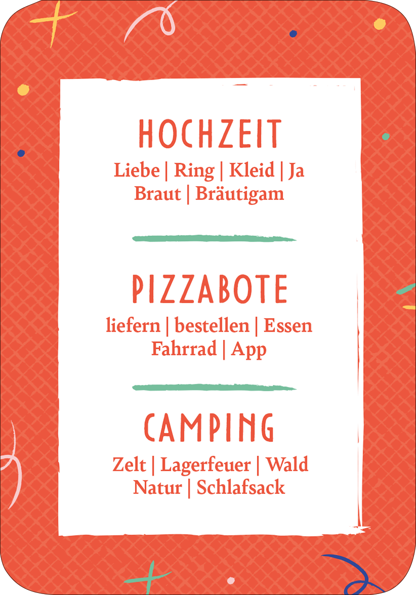 Gezeigt wird eine Innen- oder Zusatzansicht von „Das Drama-Lama“. Der Hintergrund ist leuchtend rot mit einer strukturierten Oberfläche. In der Mitte befindet sich ein weißes Rechteck, das als Rahmen dient. Darin sind die Begriffe „Hochzeit“, „Pizzabote“ und „Camping“ in fetter, roter Schrift angeordnet, wobei jeder Begriff durch eine grüne Linie voneinander getrennt ist. Bunte, verspielte Akzente lockern das Design auf und schaffen eine fröhliche Atmosphäre.