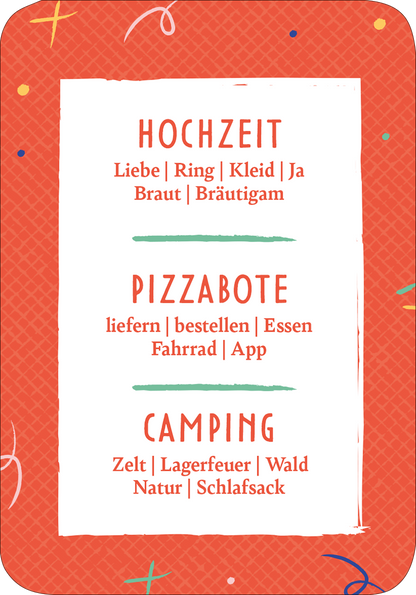 Gezeigt wird eine Innen- oder Zusatzansicht von „Das Drama-Lama“. Der Hintergrund ist leuchtend rot mit einer strukturierten Oberfläche. In der Mitte befindet sich ein weißes Rechteck, das als Rahmen dient. Darin sind die Begriffe „Hochzeit“, „Pizzabote“ und „Camping“ in fetter, roter Schrift angeordnet, wobei jeder Begriff durch eine grüne Linie voneinander getrennt ist. Bunte, verspielte Akzente lockern das Design auf und schaffen eine fröhliche Atmosphäre.