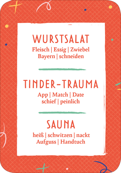 Gezeigt wird eine Innen- oder Zusatzansicht von „Das Drama-Lama“. Die Ansicht zeigt eine durchgehend orangefarbene Hintergrundgestaltung mit bunten, verspielten grafischen Elementen. In der Mitte sind drei Menüpunkte in großer, rot gefärbter Schrift hervorgehoben: „Wurstsalat“, „Tinder-Trauma“ und „Sauna“. Unter jedem Punkt sind die Zutaten und beschreibenden Begriffe in kleinerer, grauer Schrift aufgeführt. Die Typografie ist modern und klar, was zur humorvollen...