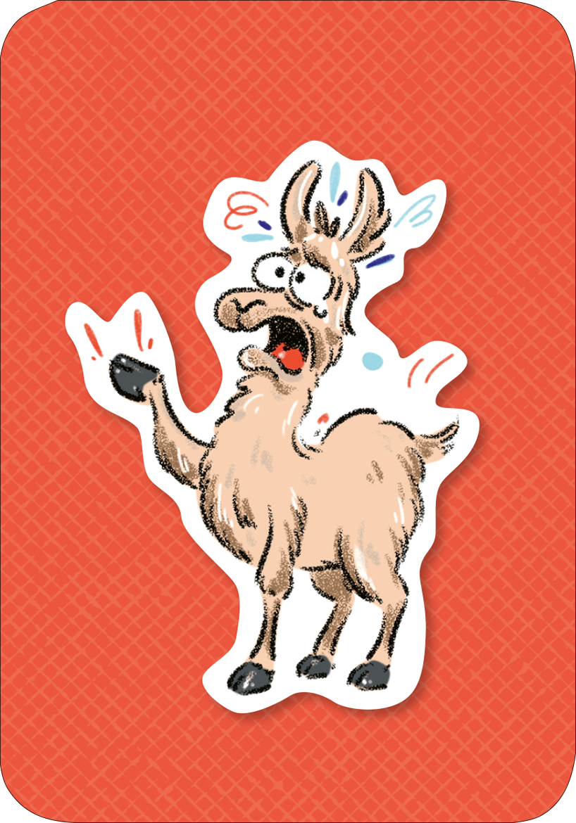 Gezeigt wird eine Innen- oder Zusatzansicht von „Das Drama-Lama“. Im Zentrum der Darstellung steht ein fröhlich-bunt illustriertes Lama, das aufgeregt mit erhobenem Vorderbein und weit aufgerissenen Augen präsentiert wird. Der Hintergrund ist in einem lebhaften Rotton gestaltet, mit einer feinen, diagonalen Struktur. Die Verwendung von kräftigen Farben und einer verspielten, cartoonhaften Typografie sorgt für eine einladende, dynamische Atmosphäre.