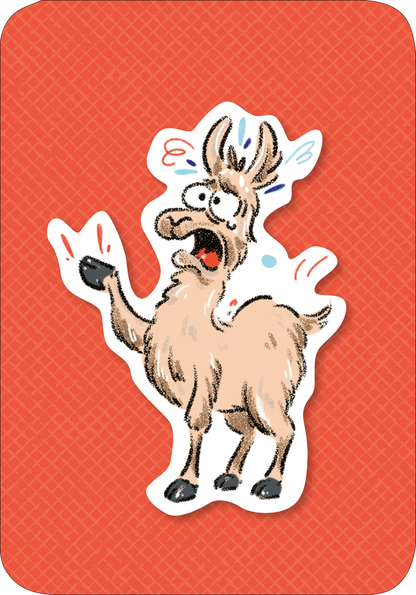 Gezeigt wird eine Innen- oder Zusatzansicht von „Das Drama-Lama“. Im Zentrum der Darstellung steht ein fröhlich-bunt illustriertes Lama, das aufgeregt mit erhobenem Vorderbein und weit aufgerissenen Augen präsentiert wird. Der Hintergrund ist in einem lebhaften Rotton gestaltet, mit einer feinen, diagonalen Struktur. Die Verwendung von kräftigen Farben und einer verspielten, cartoonhaften Typografie sorgt für eine einladende, dynamische Atmosphäre.