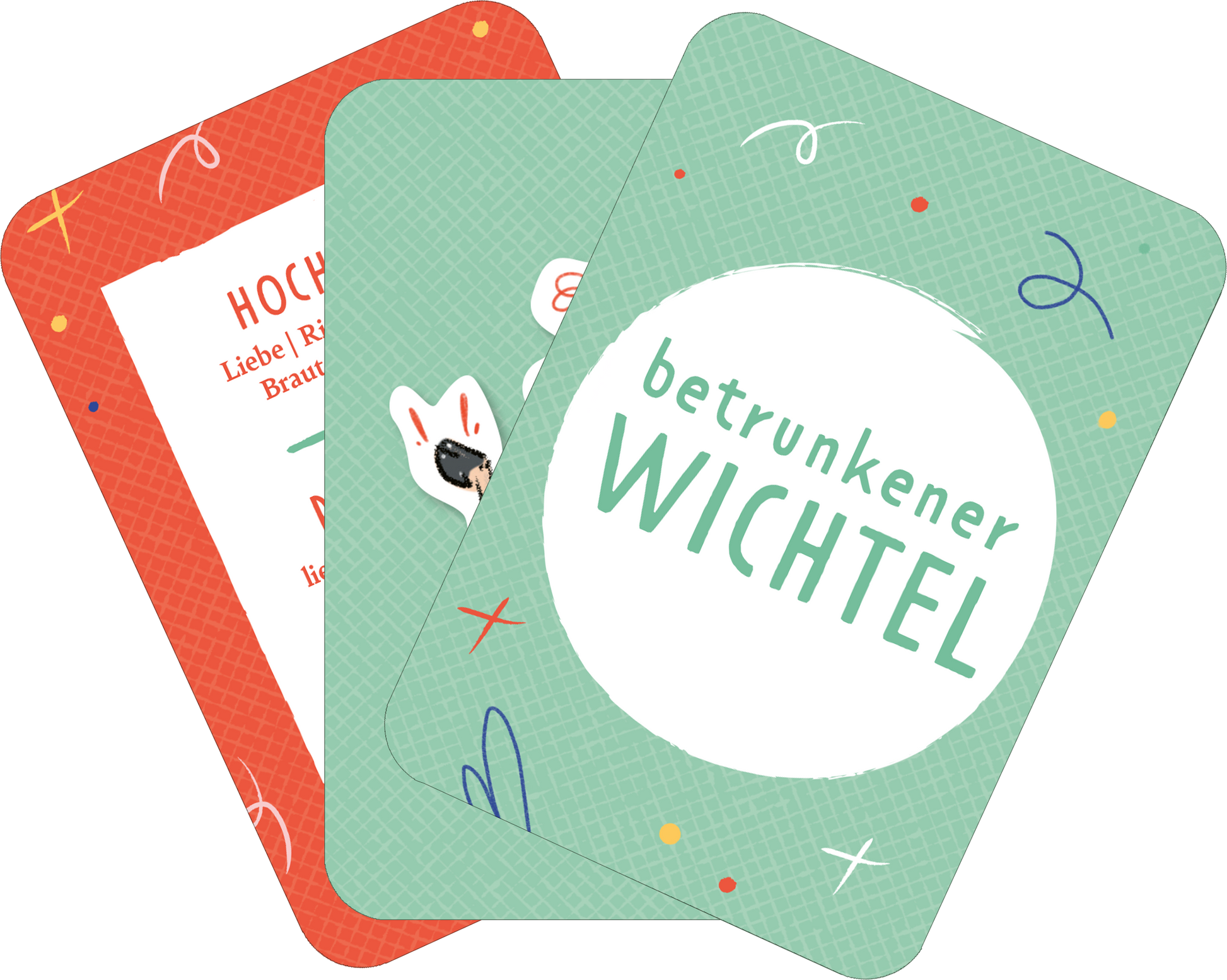Gezeigt wird eine Innen- oder Zusatzansicht von „Das Drama-Lama“. Die Ansicht zeigt mehrere Karten in überlappender Anordnung. Eine Karte hat einen roten Hintergrund mit dem Text „HOCHZEIT“ in einer weißen Schriftart und dekorativen Elementen. Eine weitere Karte ist mintgrün mit dem zentralen Schriftzug „betrunkener WICHTEL“, versehen mit verspielten, bunten Akzenten. Die Typografie ist jugendlich und modern, die Farben wirken frisch und einladend.