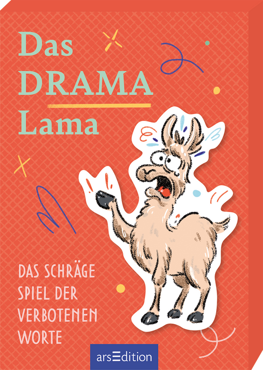Auf dem Buchcover steht der Titel „Das DRAMA Lama“ in einer kreativen Schriftart, wobei „DRAMA“ auffällig grün hervorgehoben ist. Darunter befindet sich die Unterzeile „DAS SCHRÄGE SPIEL DER VERBOTENEN WORTE“ in kleinerer Schrift. Im Zentrum zeigt sich ein humorvolles, illustrierter Lama, das eine dramatische Pose einnimmt. Der Hintergrund ist in einem warmen Rotton gehalten und mit bunten, verspielten Elementen verziert, die die fröhliche Atmosphäre unterstreichen. Ganz unten...