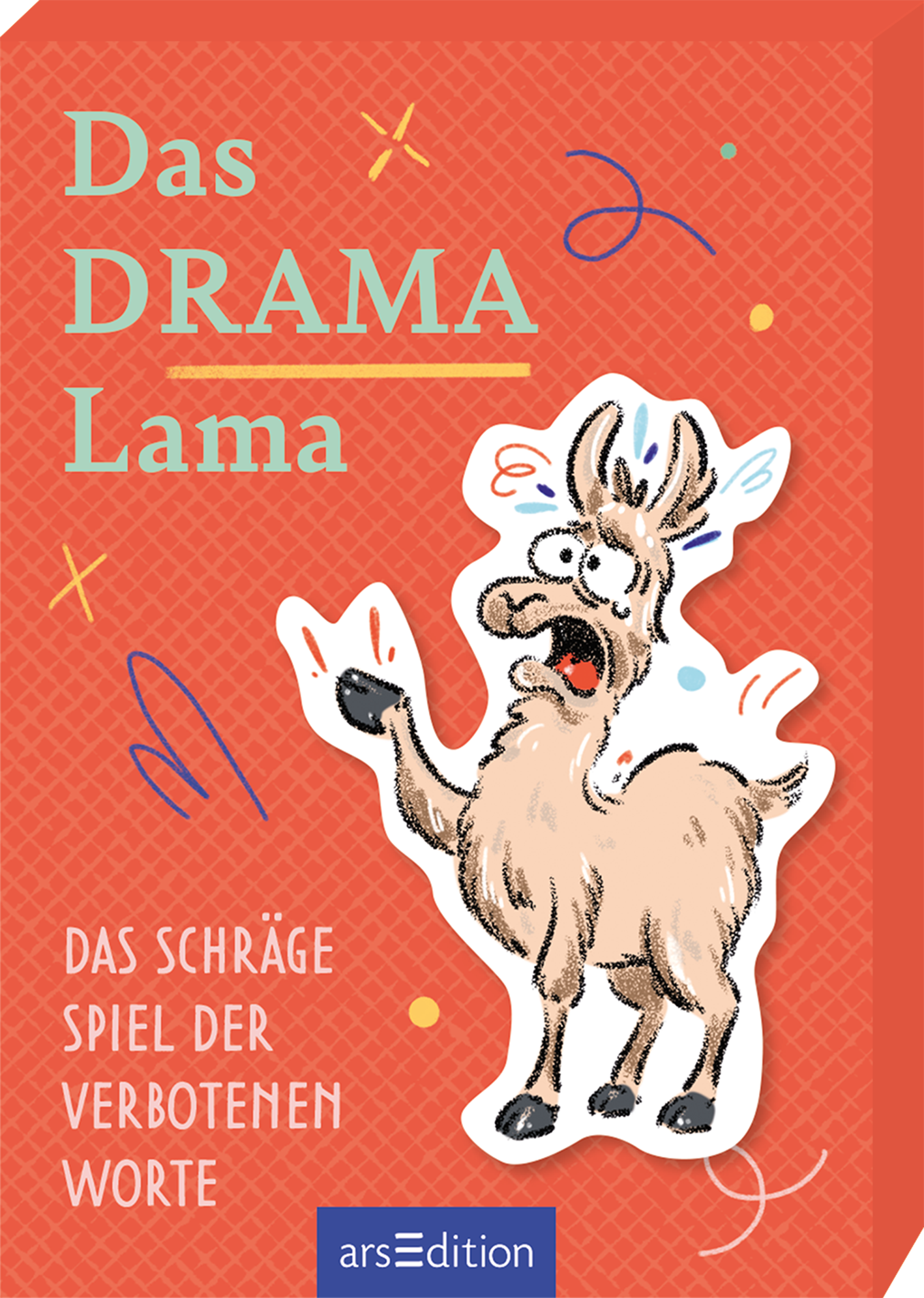 Auf dem Buchcover steht der Titel „Das DRAMA Lama“ in einer kreativen Schriftart, wobei „DRAMA“ auffällig grün hervorgehoben ist. Darunter befindet sich die Unterzeile „DAS SCHRÄGE SPIEL DER VERBOTENEN WORTE“ in kleinerer Schrift. Im Zentrum zeigt sich ein humorvolles, illustrierter Lama, das eine dramatische Pose einnimmt. Der Hintergrund ist in einem warmen Rotton gehalten und mit bunten, verspielten Elementen verziert, die die fröhliche Atmosphäre unterstreichen. Ganz unten...