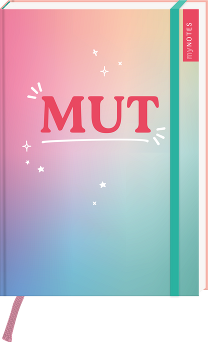 Das Buchcover zeigt eine sanfte Farbverlaufsgestaltung in Rosa- und Blautönen, die eine beruhigende Atmosphäre vermittelt. In großen, verspielten roten Buchstaben steht das Wort „MUT“ zentral auf dem Cover, umgeben von kleinen, funkelnden Sternen. Auf der rechten Seite befindet sich ein schmaler, labelartiger Bereich in Rot mit der Aufschrift „my NOTES“. Ganz unten mittig steht der Logoschriftzug von arsEdition.