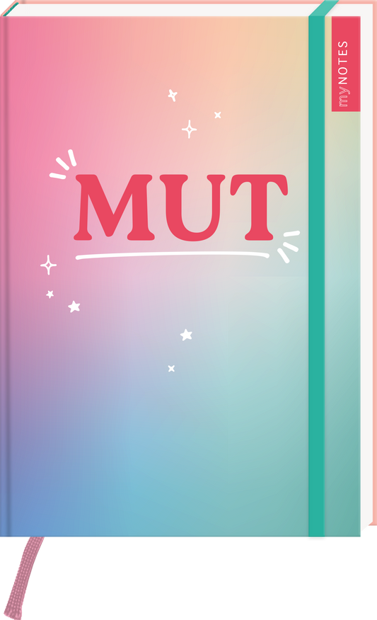 Das Buchcover zeigt eine sanfte Farbverlaufsgestaltung in Rosa- und Blautönen, die eine beruhigende Atmosphäre vermittelt. In großen, verspielten roten Buchstaben steht das Wort „MUT“ zentral auf dem Cover, umgeben von kleinen, funkelnden Sternen. Auf der rechten Seite befindet sich ein schmaler, labelartiger Bereich in Rot mit der Aufschrift „my NOTES“. Ganz unten mittig steht der Logoschriftzug von arsEdition.