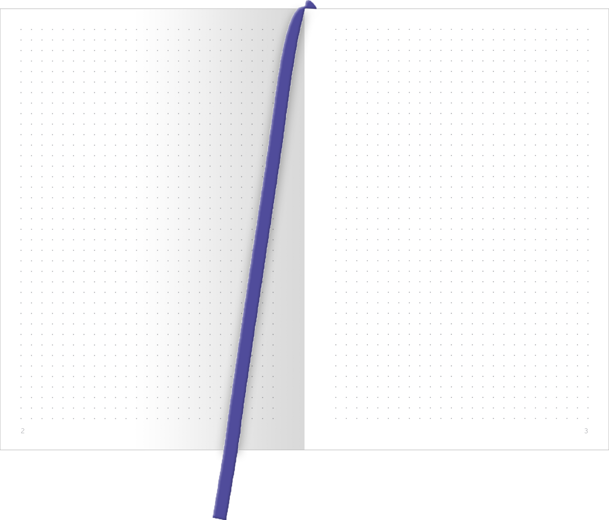 Gezeigt wird eine Innen- oder Zusatzansicht von „myNOTES Papeterie: Notizbuch A5 Mutige Pläne“. Die Ansicht zeigt zwei Seiten mit gepunktetem Layout in sanftem Weiß, ideal für Notizen oder Skizzen. Eine kräftige, lilafarbene Lesezeichenbändchen hebt sich gegen den Hintergrund ab. Die Typografie ist klar und modern, die Punkte bieten eine strukturierte Orientierung, die den kreativen Fluss unterstützt.