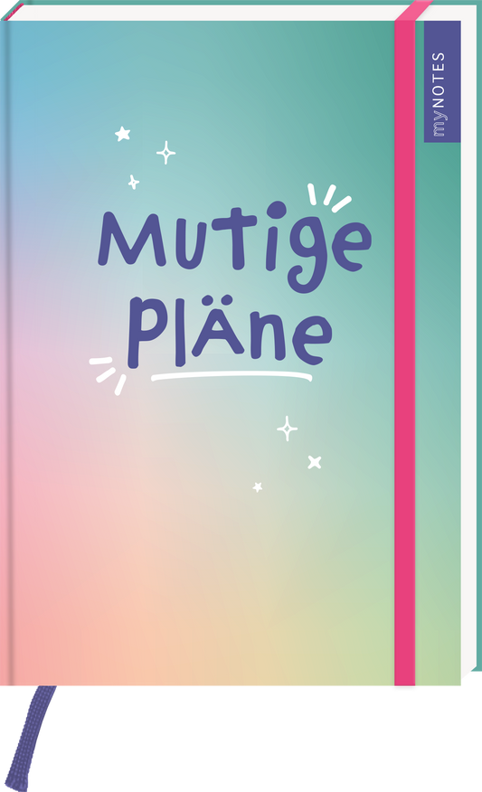 Das Buchcover zeigt einen sanften Farbverlauf von zartem Grün zu pastellrosa. In der Mitte befindet sich der Titel „Mutige Pläne“ in verspielter, lila Schrift. Um die Schrift sind kleine Sterne und Punkte angeordnet, die eine fröhliche Atmosphäre vermitteln. Auf der rechten oberen Seite steht der Schriftzug „myNOTES“ in hellem Blau. Ganz unten mittig steht der Logoschriftzug von arsEdition.