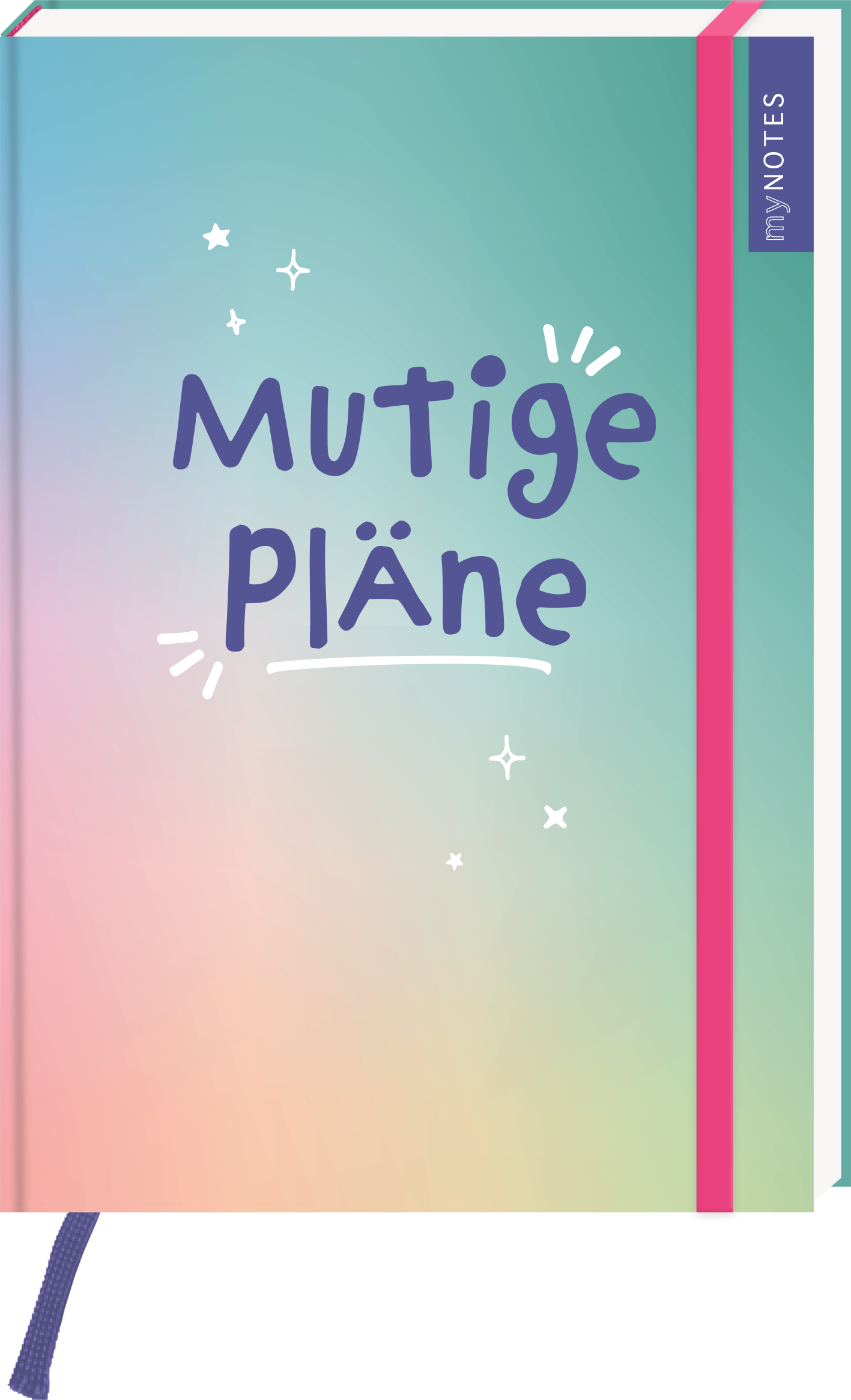 Das Buchcover zeigt einen sanften Farbverlauf von zartem Grün zu pastellrosa. In der Mitte befindet sich der Titel „Mutige Pläne“ in verspielter, lila Schrift. Um die Schrift sind kleine Sterne und Punkte angeordnet, die eine fröhliche Atmosphäre vermitteln. Auf der rechten oberen Seite steht der Schriftzug „myNOTES“ in hellem Blau. Ganz unten mittig steht der Logoschriftzug von arsEdition.