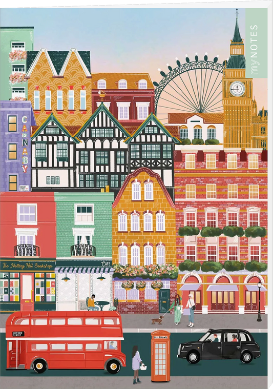 Das Buchcover zeigt eine lebendige Stadtszene mit bunten Häusern im traditionellen Stil, darunter Fachwerkhäuser und farbenfrohe Fassaden. Im Vordergrund sind ein roter Doppeldeckerbus und ein schwarzes Taxi zu sehen. Hinter der urbanen Kulisse ragt das London Eye auf, neben der markanten Uhr des Big Ben. Die sanften Pastelltöne verleihen dem Cover eine fröhliche Atmosphäre. Ganz oben rechts befindet sich der Schriftzug „my NOTES“. Ganz unten mittig steht der Logoschriftzug von...