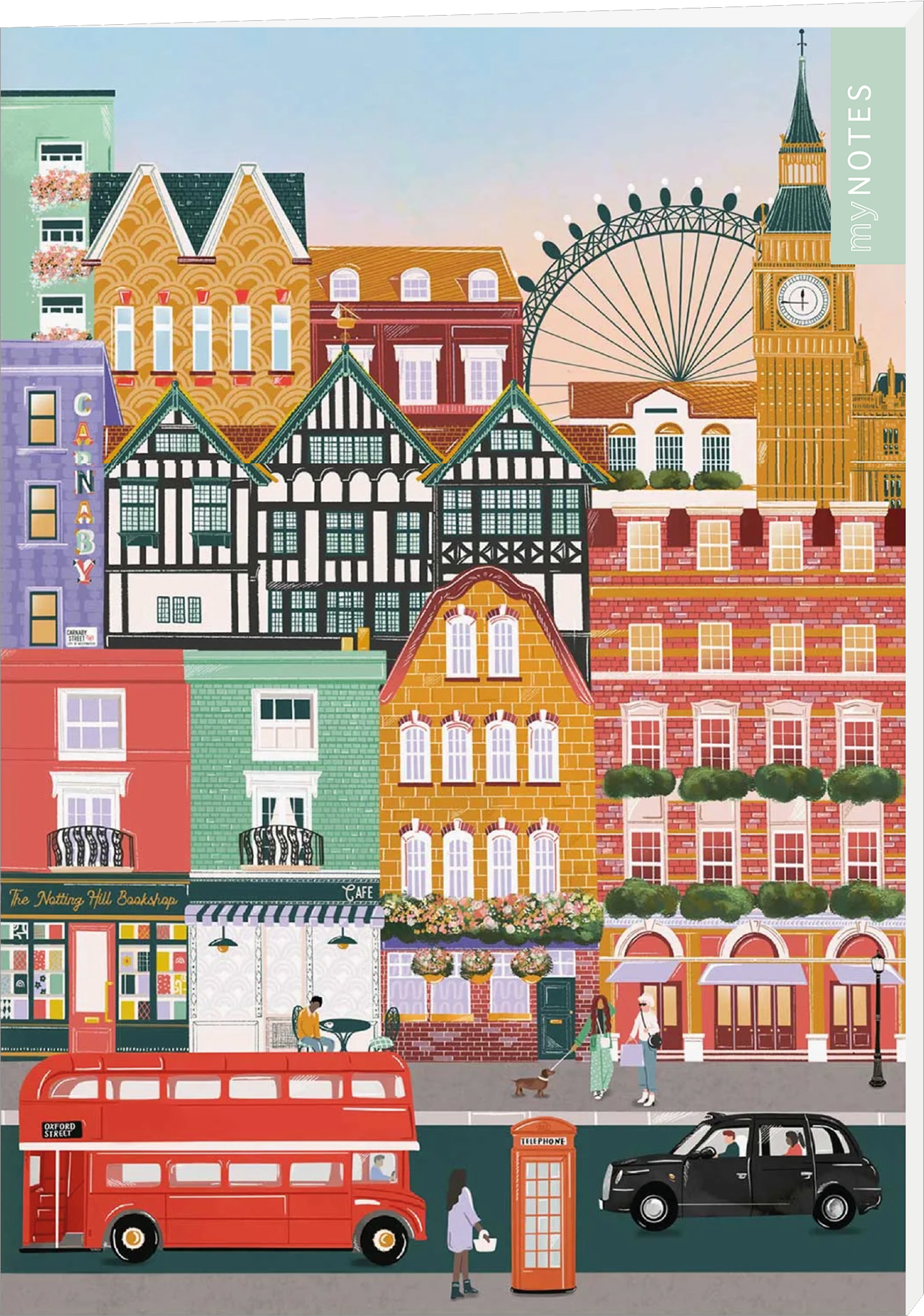 Das Buchcover zeigt eine lebendige Stadtszene mit bunten Häusern im traditionellen Stil, darunter Fachwerkhäuser und farbenfrohe Fassaden. Im Vordergrund sind ein roter Doppeldeckerbus und ein schwarzes Taxi zu sehen. Hinter der urbanen Kulisse ragt das London Eye auf, neben der markanten Uhr des Big Ben. Die sanften Pastelltöne verleihen dem Cover eine fröhliche Atmosphäre. Ganz oben rechts befindet sich der Schriftzug „my NOTES“. Ganz unten mittig steht der Logoschriftzug von...