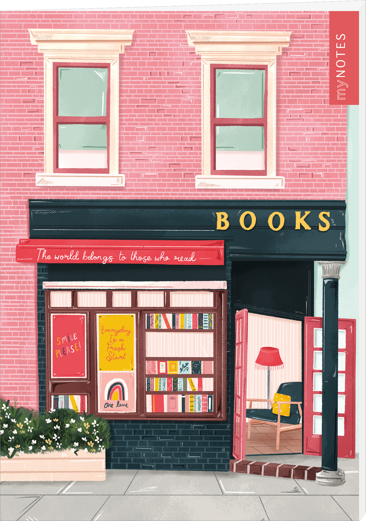 Das Buchcover zeigt eine einladende Buchhandlung mit einer hellrosa Fassade und einem schwarzen Eingangsbereich. Über dem Eingang steht in großen, goldenen Buchstaben „BOOKS“. Neben dem Eingang hängt ein rotes Schild mit der Aufschrift „The world belongs to those who read“. Im Schaufenster sind mehrere bunte Buchcover zu sehen, darunter ein gelber Titel und ein Bild mit einem Regenbogen. In der Buchhandlung steht eine rote Lampe. Ganz unten mittig steht der Logoschriftzug von...